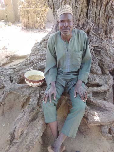 Abdulkadir Aliyu posing with freshly threshed soybeans in Giwaye community, Kaduna state. Mr. Aliyu farms maize, soybean, and chili peppers near the town center. He uses mechanical threshing for maize but hires manual labor to thresh his soybean crop.