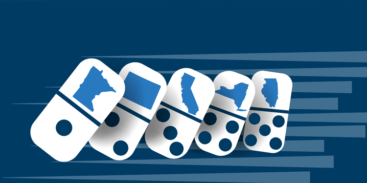 visualization of dominos tumbling with maps of Minnesotta, Colorado, California, New York, and Illinois on each.