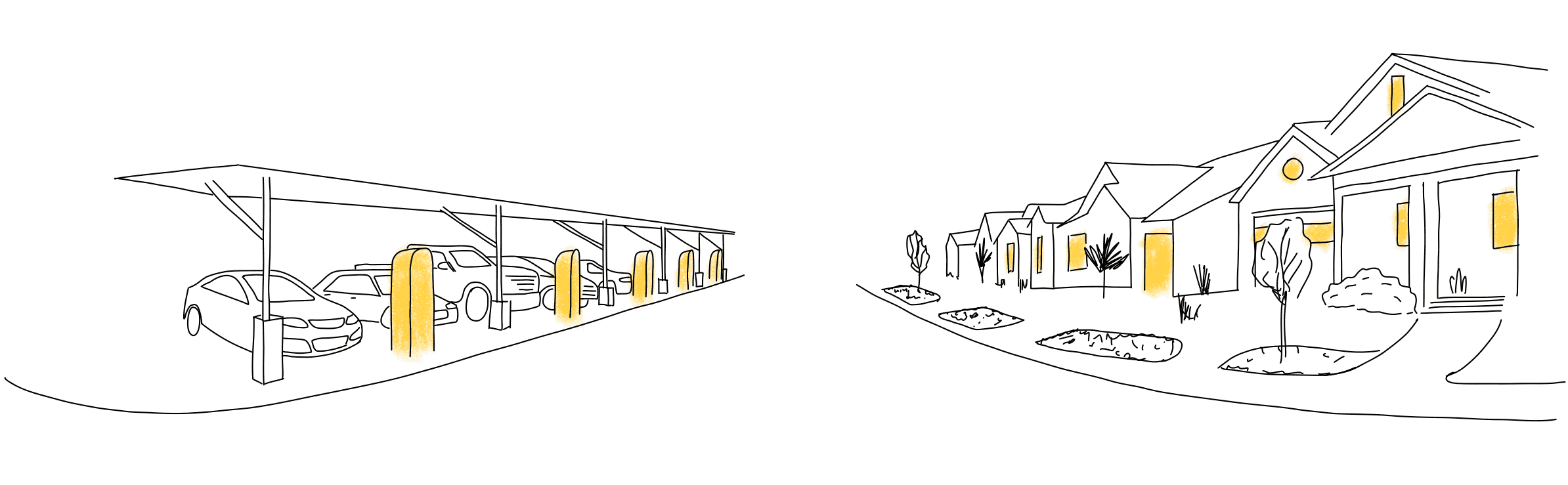 Illustration of a covered parking lot with EV chargers and a residential street with home charging