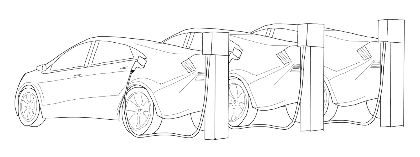 Illustration of electric vehicles plugged into charging stations