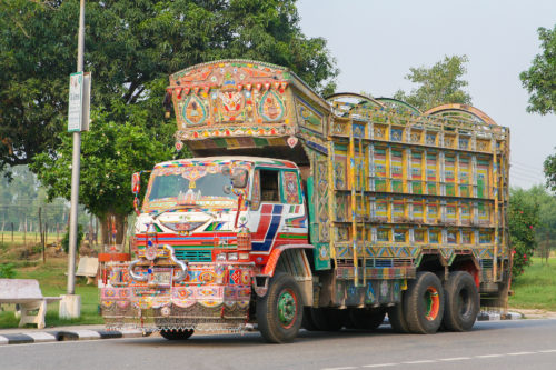 Colorful Indian truck on a highway near Jaipur, Rajasthan, India