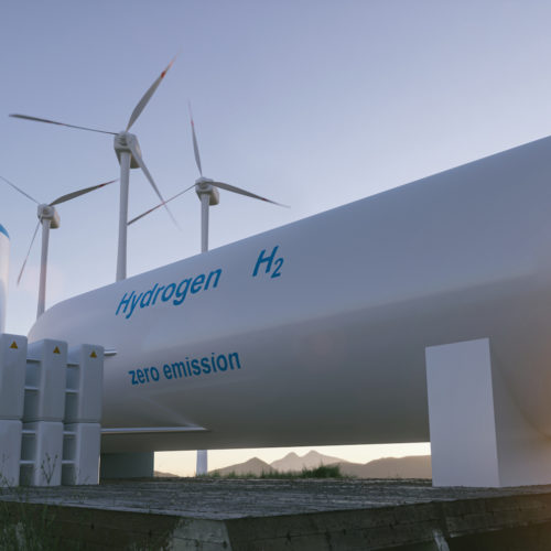 Hydrogen renewable energy production - hydrogen gas for clean electricity solar and windturbine facility. 3d rendering. (Hydrogen renewable energy production - hydrogen gas for clean electricity solar and windturbine facility.