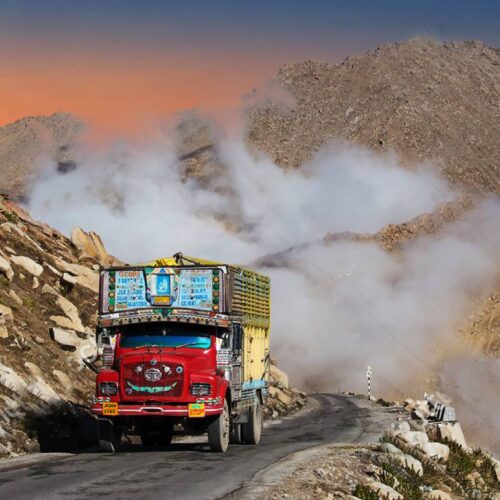 truck driving through mountains of India