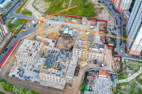 aerial view of building construction zone