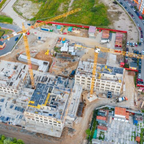 aerial view of building construction zone