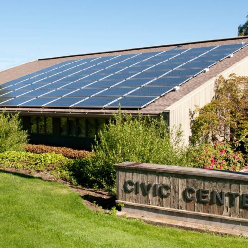 civic center with solar panel roof