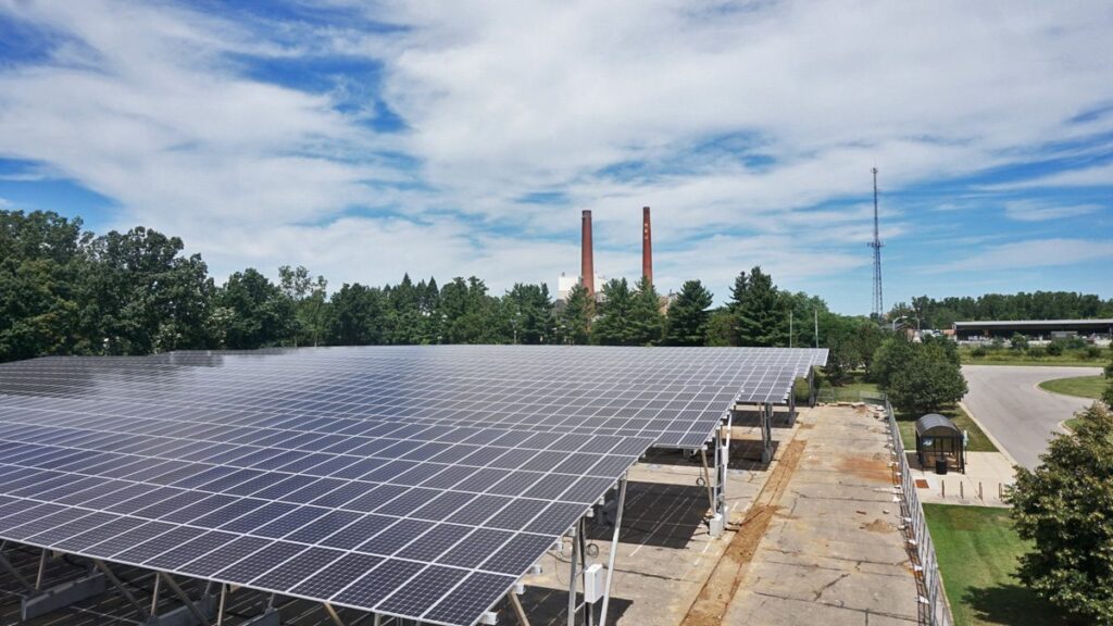 Part of Michigan State University’s 100-acre solar farm on campus. The school retired its on-site coal plant in 2016.