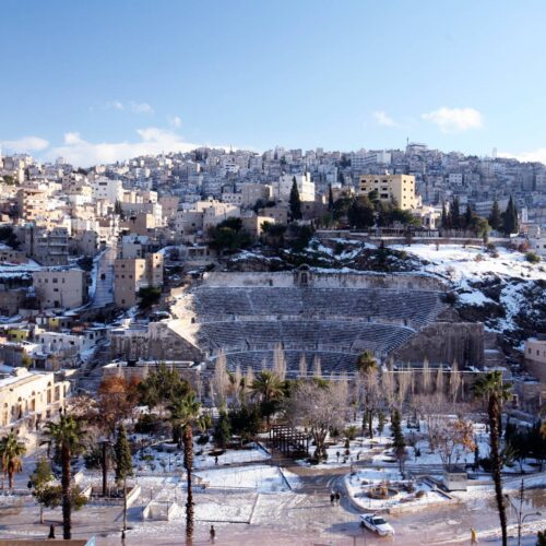 Roman theater in Amman covered in snow