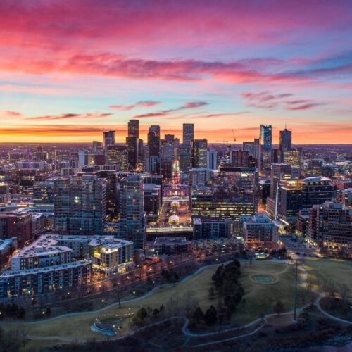 aerial skyline view of downtown Denver