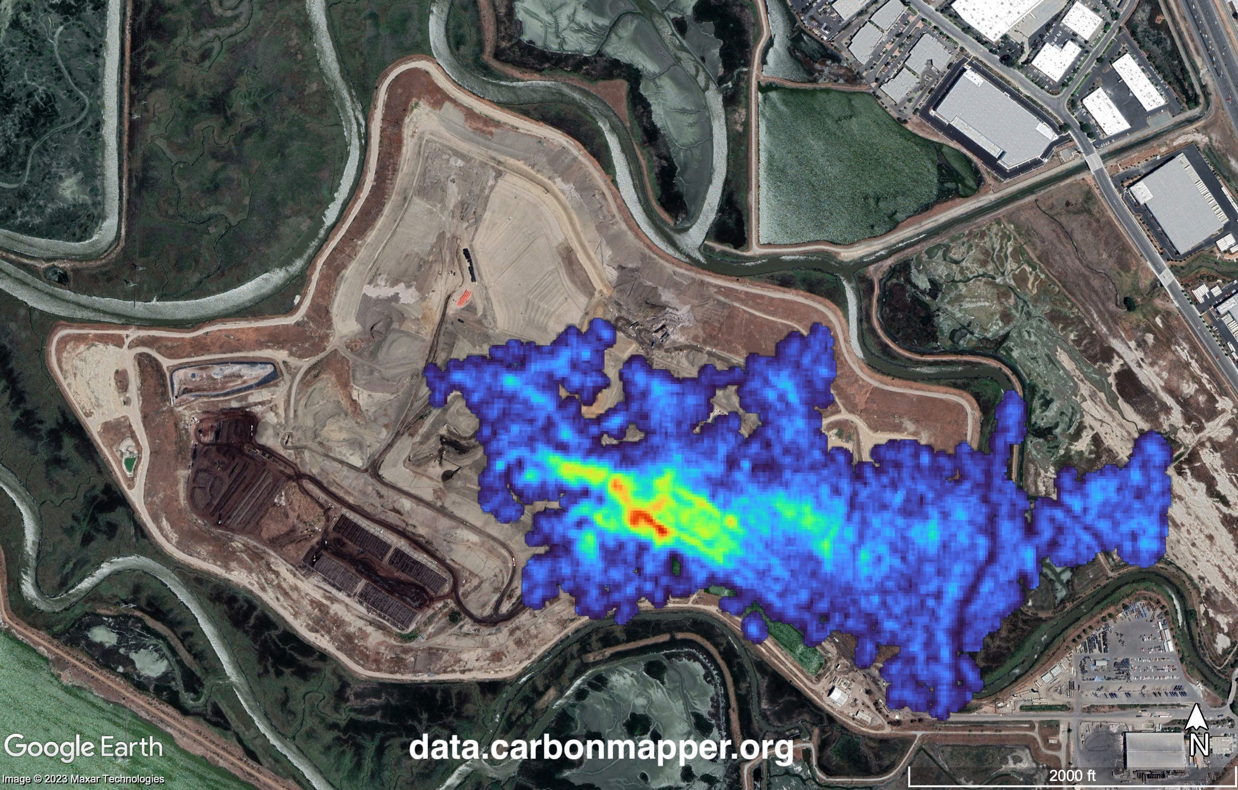Methane plume from a landfill collected from airborne remote sensing survey using AVRIS-NG. Provided by Carbon Mapper.