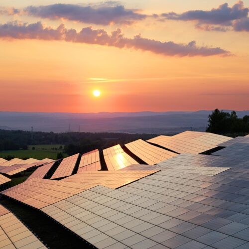 solar panel array at sunset