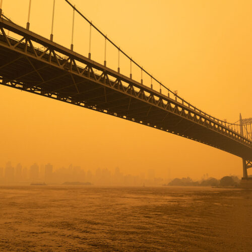 Triborough bridge in New York City covered in wildfire smoke