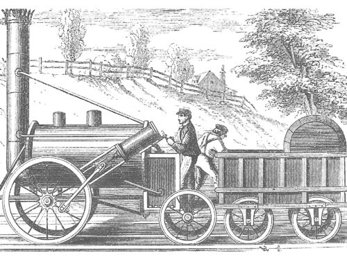 George Stephenson`s Rocket (1829) Locomotive Train with Track and conductor. Rural setting. Engraving from from Harper's New Monthly Magazine Vol. 49 Issue 291 August 1874. Railroad engraving. Steam powered engine.