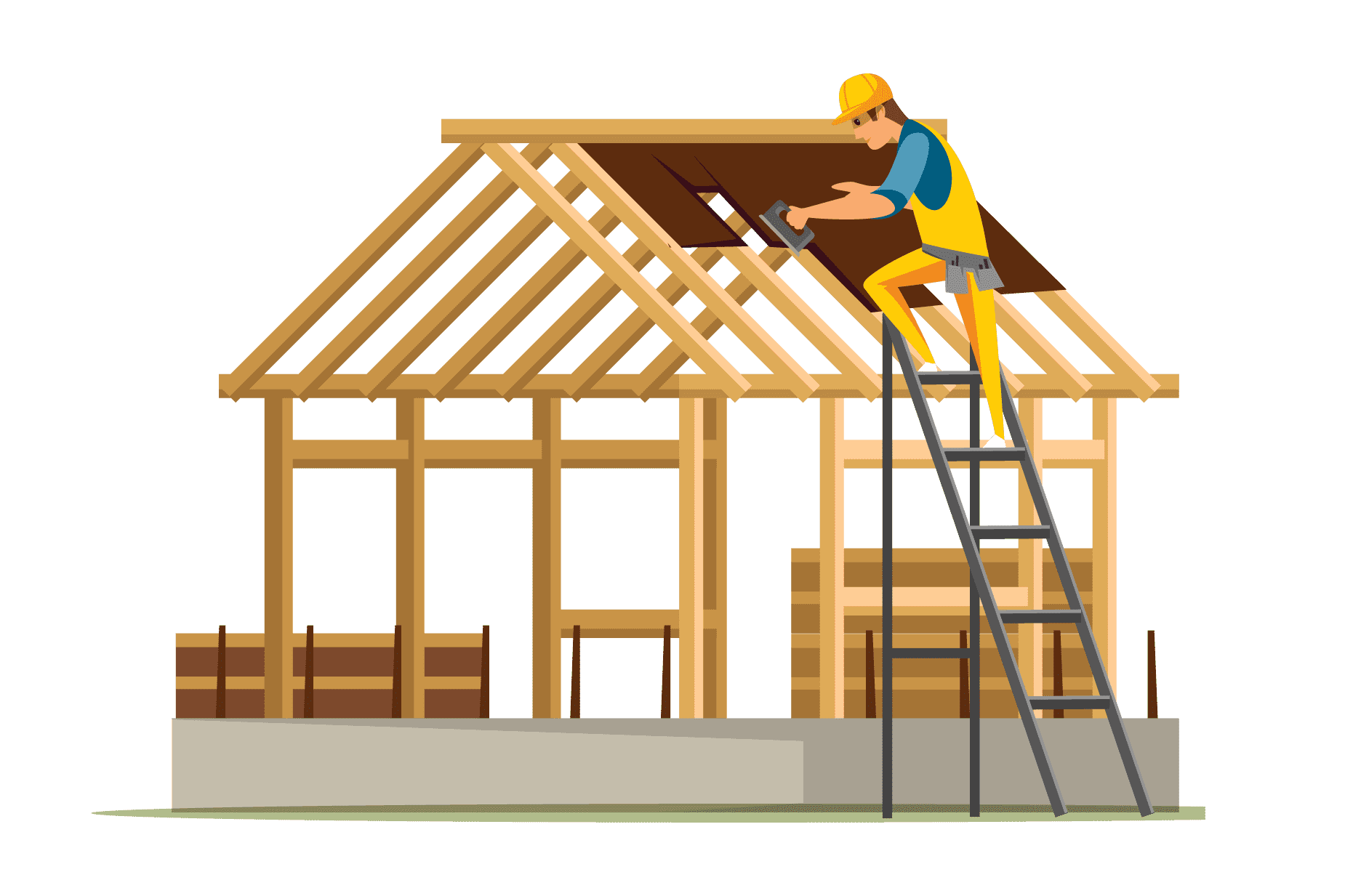 vector image of construction worker on ladder framing a house