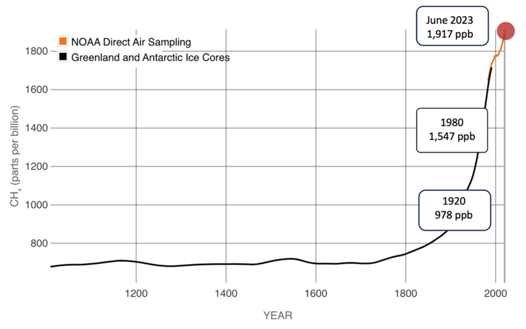 Atmospheric methane concentrations since the year 1010, parts per billion (ppb)