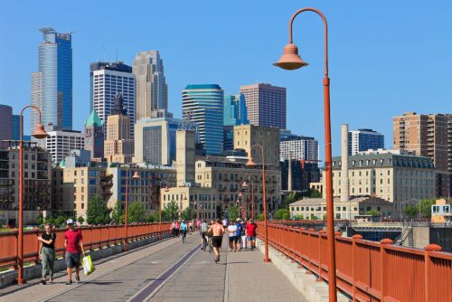 Minneapolis city from pedestrian bridge