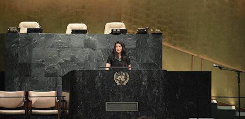 Hadia Sheerazi delivering the youth address at the UN General Assembly in 2015.