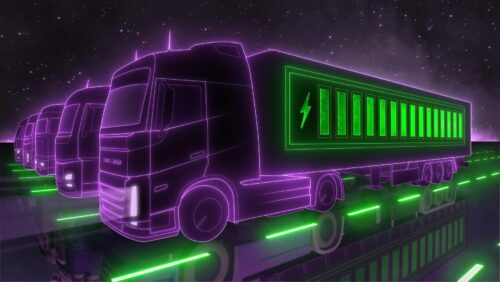 render of neon purple and green electric trucks