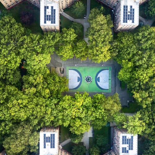 aerial view of courtyard park in apartment complex