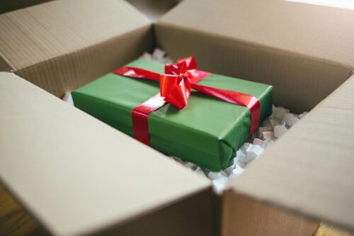 wrapped present in a box